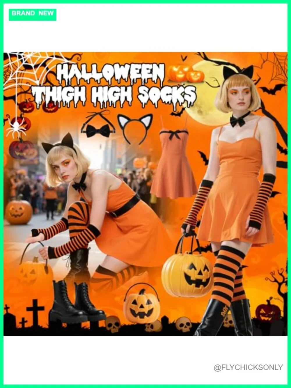 Women Thigh High Socks and Fingerless Arm Warmers Set Striped Leg Warmers